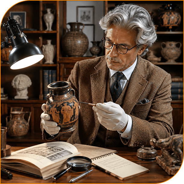 Antique expert examining a decorated vase